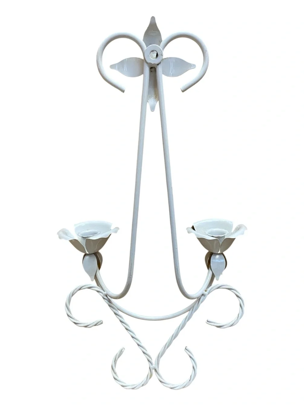 Vintage MCM White Metal Double Tapered Candle Holder Wall Hanging Retro Home
